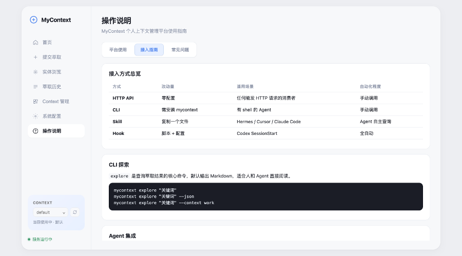 MyContext 接入指南,说明 Agent 通过 CLI 或 Skill 读取当前 Context