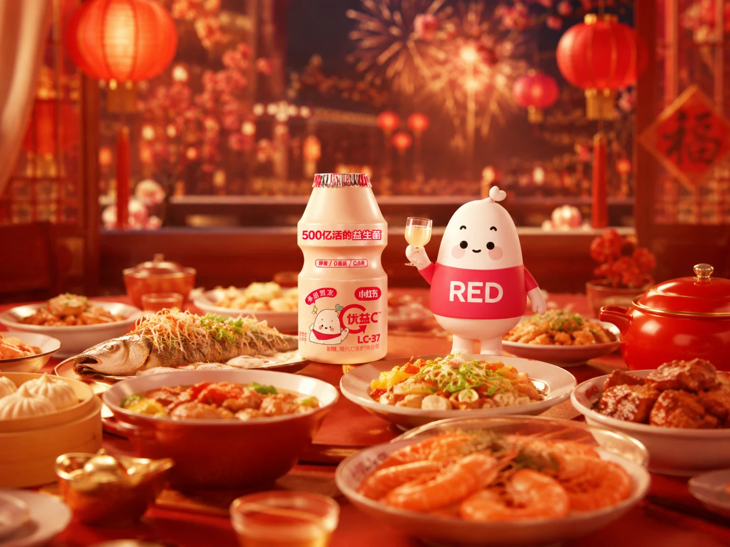 春节年饭桌上的优益C产品与小红书IP形象